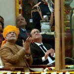 Prime Minister Narendra Modi with Chief Guest French President Francois Hollande watching flying past during the 67th Republic Day parade 2016 at Rajpath in New Delhi