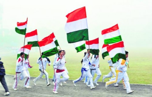 Punjab Police personnel and students rehearse for the Republic Day function at the YPS Stadium in Patiala