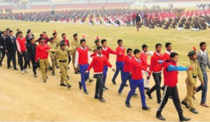 School children take part in a rehearsal for the Republic Day function at a sports stadium in Bathinda