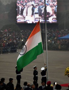 Soldiers folding up the Tri-colour after the Beating Retreat ceremony at Vijay Chowk in New Delhi on January 29, 2016