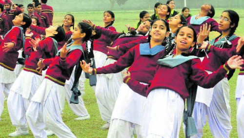 Students during a rehearsal for the Republic Day function at a government college in Phase VI Mohali