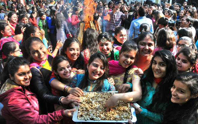 Students of MCM DAV College, Chandigarh, in jubilant mood during the Lohri celebrations held at college campus on January 13