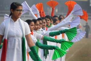 Students of different city schools perform during the 67th Republic Day celebrations at Guru Nanak Stadium in Ludhiana