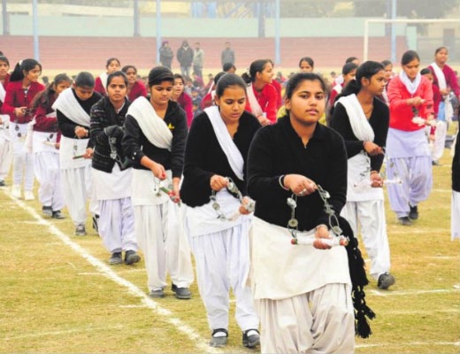 Students of various schools rehearse for the Republic Day celebrations at the Sports Stadium in Bathinda