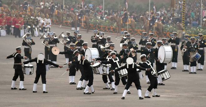 The Naval brass band performs during the Beating Retreat ceremony at Vijay Chowk in New Delhi on January 29, 2016