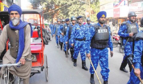 The RAF squad holds a flag march at the Hall Gate area in Amritsar