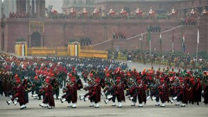 Tri-Services bands perform during the Beating Retreat ceremony at Vijay Chowk in New Delhi on January 29, 2016