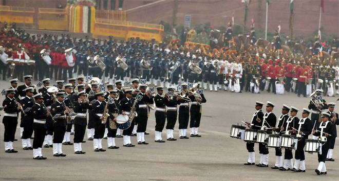 Tri-Services bands perform during the Beating Retreat ceremony at Vijay Chowk in New Delhi on January 29, 2016
