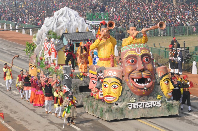 Uttarakhand’s tableau drives past on the Rajpath during the full dress rehearsal for the Republic Day parade on January 23, 2016