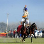A man rides on two horses on second day as they take part in the 80th MRF Kila Raipur Sports Festival in Kilaraipur on the outskirts of Ludhiana on February 5, 2016.