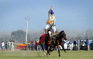 A man rides on two horses on second day as they take part in the 80th MRF Kila Raipur Sports Festival in Kilaraipur on the outskirts of Ludhiana on February 5, 2016.