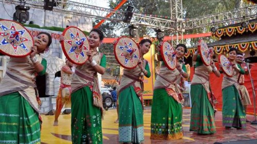 Artistes from Assam perform at the 30th Surajkund International Crafts Mela in Faridabad
