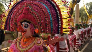 Artists from Jharkhand perform a dance during the press preview of Surajkund Mela at Faridabad, Haryana. For the first time in the history of Surajkund International Crafts Mela, Jharkhand has been chosen as a theme state, which begins on 1st of February at the sprawling Surajkund landscape