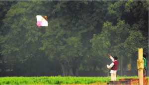 Boy flies a kite in a field in Ludhiana
