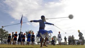 Participants performing Sikh martial arts (Gatka) on the inaugural day of Kila Raipur Rural Sports Festival at village Kila Raipur in Ludhiana