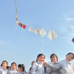 Students create a kite train durng the Basant Panchami celebrations at The Gurukul Zirakpur