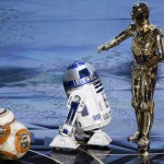 BB 8 R2 D2 and C 3PO left to right perform at the 88th Academy Awards in Hollywood, California on February 28, 2016