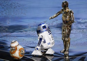 BB 8 R2 D2 and C 3PO left to right perform at the 88th Academy Awards in Hollywood, California on February 28, 2016