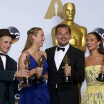 Oscar winners for Best Supporting Actor Mark Rylance, Best Actress Brie Larson, Best Actor Leonardo DiCaprio and Best Supporting Actress Alicia Vikander (L R) pose backstage
