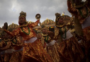 Participants perform a dance during the World Culture Festival on the banks of the river Yamuna in New Delhi on March 12, 2016