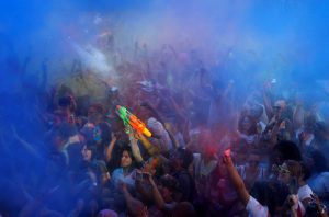 Revellers take part in the Monsoon Holi Madrid festival in Madrid, Spain, on August 13, 2016.
