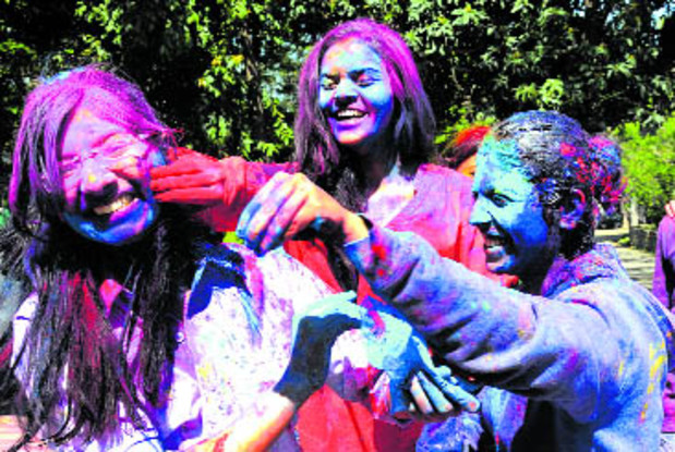 Students celebrate Holi at Panjab University in Chandigarh