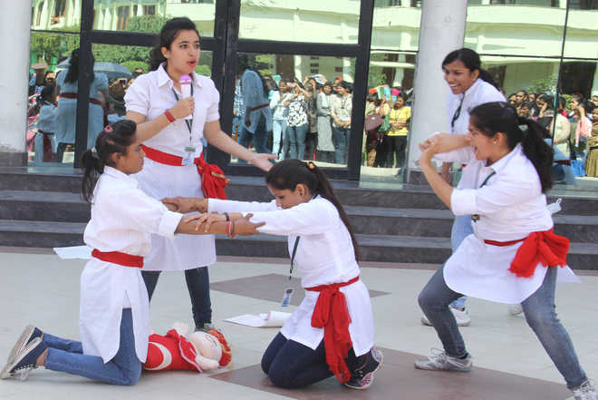 Students of Hans Raj Mahila Maha Vidyalaya perform a nukkad natak in Jalandhar