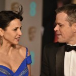 US actor Matt Damon right and wife Luciana Barroso pose on arrival for the BAFTA British Academy Film Awards at the Royal Opera House in London