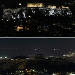 A combo shows the ancient Temple of Parthenon atop the Acropolis hill going dark for the Earth Hour environmental campaign in Athens on March 19, 2016