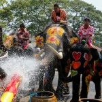 A man is splashed by elephants with water during the celebration of the Songkran water festival in Thailand's Ayutthaya province, north of Bangkok, on April 11, 2016