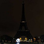 A person dressed as a WWF panda stands near the Eiffel Tower in Paris after it went dark for the Earth Hour environmental campaign on March 19, 2016
