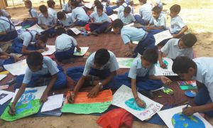 A poster making competition in progress at Tribune Model School in Chandigarh