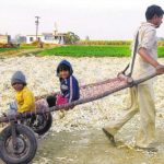 A man gives ride to his children in a handcart in a field near Jalandhar