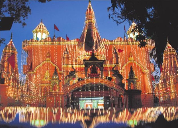 An illuminated temple during the ongoing Navratri festival in Chandigarh