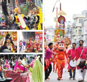 Artistes and devotees take part in a shobha yatra to mark Hanuman Jayanti in Ludhiana