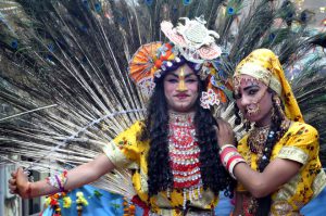 Artistes dress up as Hindu gods Krishna and Radha at a procession to mark Ram Navami in Amritsar on April 4, 2017