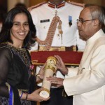 Badminton player Saina Nehwal (left) poses as she receives The Padma Bhushan Award from President Pranab Mukherjee during an investiture ceremony at Rashtrapati Bhawan(The Presidential Palace)in New Delhi on March 28, 2016