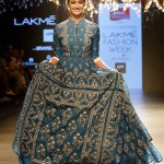 Bollywood actress Ileana D’Cruz showcases a creation by designer Rahul Mishra on the fifth day of the Lakme Fashion Week (LFW) summer/resort 2016 in Mumbai on April 3, 2016