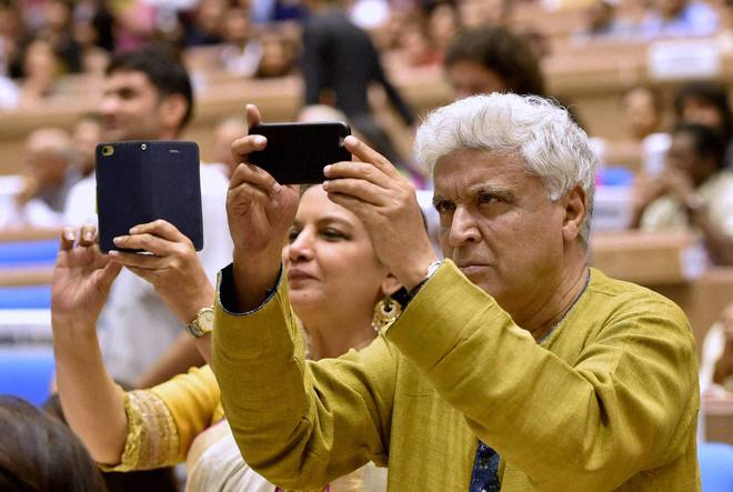 Bollywood lyricist Javed Akhtar with wife actress Shabana Azmi at the 63rd National Film Awards 2015 function in New Delhi