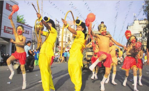 Children dressed up as Lord Rama lakshman and Hanuman during the Ram Navmi shobha yatra in Jalandhar