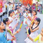 Devotees take out a religious procession to mark Ram Navmi children participate in dandia in Bathinda