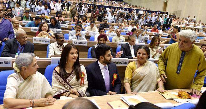 New Delhi: Jaya Bachchan, Aishwarya Rai Bachchan, Abhishek Bachchan, Bollywood lyricist Javed Akhtar and actress Shabana Azmi at the 63rd National Film Awards 2015 function in New Delhi.