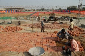 Labourers build the stage for Moga SAD rally on Nov-28