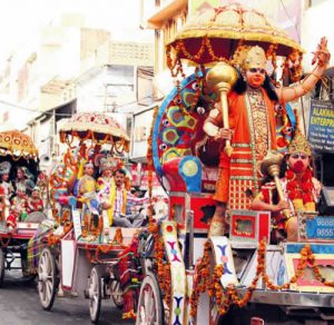Members of the Panch Mukhi Shree Balaji Mandir take out the Shobha Yatra in Bathinda
