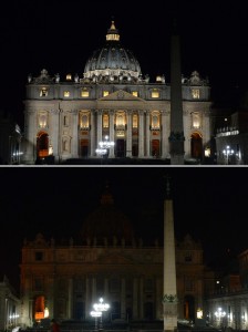 This combination of two pictures shows St Peter's basilica lit (top) and with the lights turned off during the WWF ‘Earth Hour’ campaign for global climate change awareness on March 16, 2016 in Rome