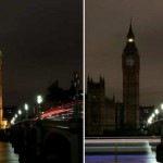 This combination picture shows the Houses of Parliament before (left) and after the lights were switched off for Earth Hour in London, Britain, on March 19, 2016