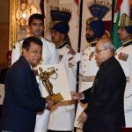 President Pranab Mukherjee presents Dronacharya award to gymnastics coach Bishweshwar Nandi at the National Sports and Adventure Award 2016 function at Rashtrapati Bhawan in New Delhi on August 29, 2016.