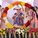 Prime Minister Narendra Modi being garlanded at a function to mark his 67th birthday in Dahod near Ahmedabad on September 17, 2016.