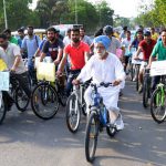 81 year old Ujjal Singh Atwal takes part in a cycle rally on the occasion of World Environment Day