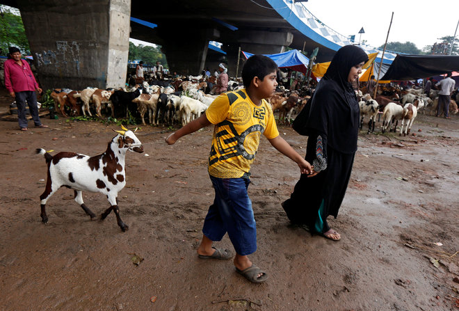 A boy and his mother leave a livestock market after purchasing a goat ahead of the Eid al-Adha festival in Kolkata.